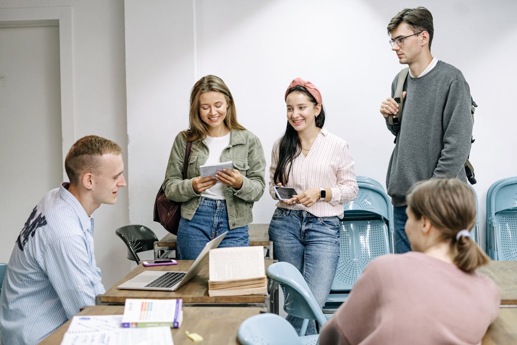 A diverse group of college students engaging in a lively study session indoors.